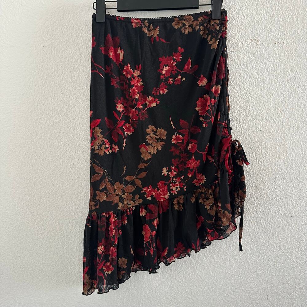 y2k black floral assymetrical ruffle midi skirt whimsigoth